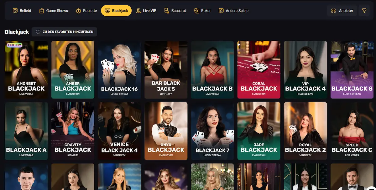 Amonbet Blackjack, VIP-Tische von Evolution Gaming